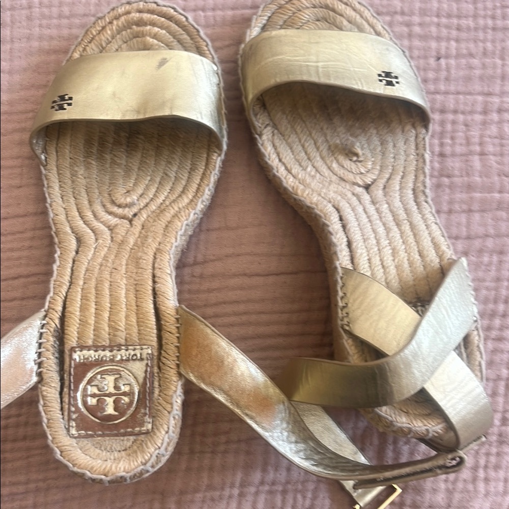 Tory Burch Gold Espadrille Sandals with Crisscross Straps